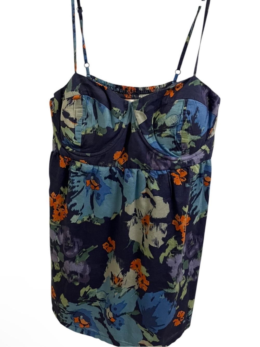LC Lauren Conrad Navy Floral Smocked Bustier Dress with Orange Accents